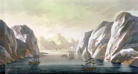 Hledání severozápadního průchodu – britská plavba na Špicberky, 1818, z „Le Costume Ancien et Moderne“, svazek I, deska 28, od Julese Ferraria, vydáno kolem 20.–30.